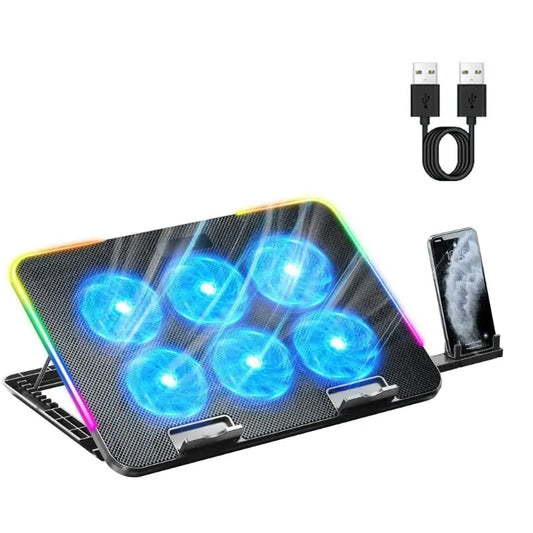 Support refroidisseur pour ordinateur portable et tablettes avec 6 ventilateurs LED de refroidissement et Ports USB avec support de téléphone