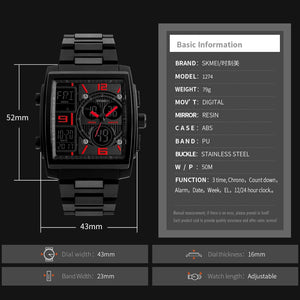 SKMEI 1274 Montre à quartz japonaise à double affichage pour homme, montre de sport militaire à 3 heures avec compte à rebours