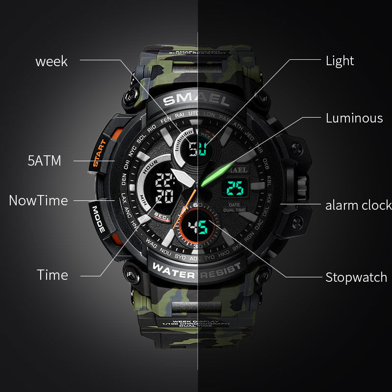 Montre militaire camouflage SMAEL pour hommes, étanche, double affichage de l'heure, montre-bracelet de sport pour hommes, montres à quartz analogique