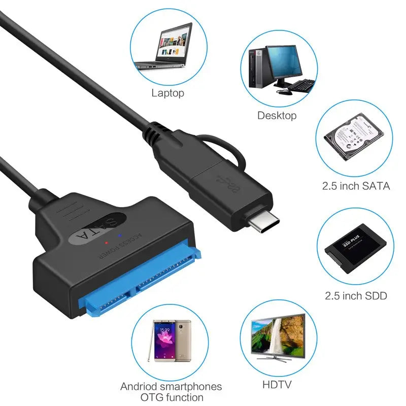 Câble de disque dur USB 3.0 2 en 1, câble de données de disque SSD mécanique de 2.5 pouces, 20CM