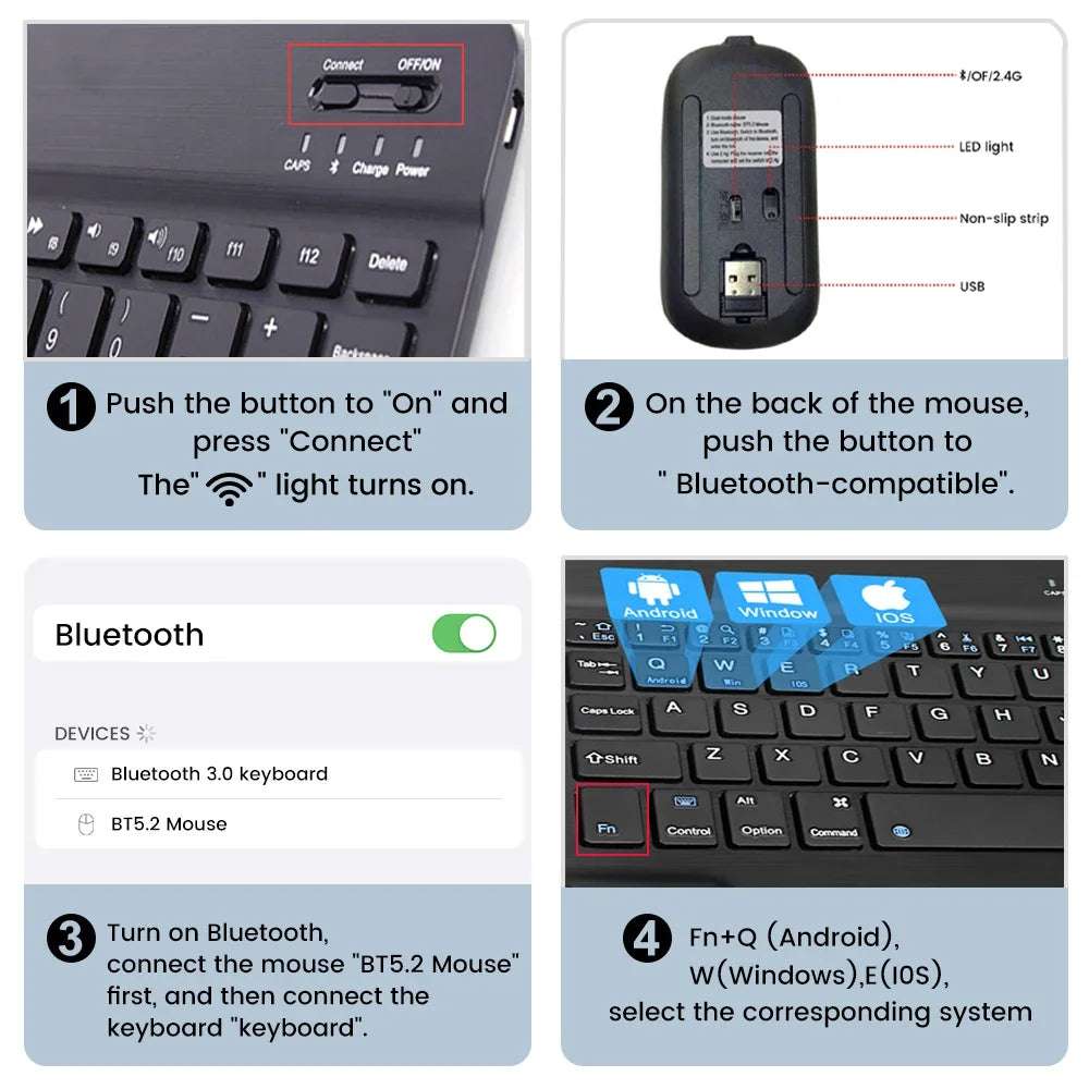 Clavier ou Combo Clavier + souris  sans fil Bluetooth rechargeable de 10 pouces pour téléphones portables, tablettes, russe, espagnol, français, AZERTY pour Android, iOS, Windows