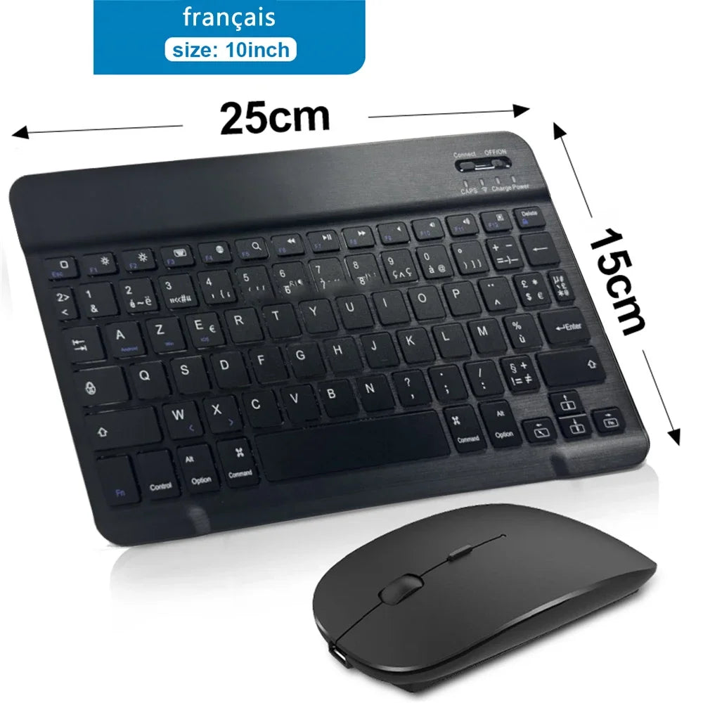 Clavier ou Combo Clavier + souris  sans fil Bluetooth rechargeable de 10 pouces pour téléphones portables, tablettes, russe, espagnol, français, AZERTY pour Android, iOS, Windows