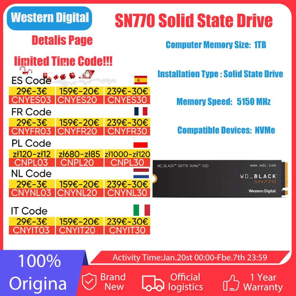 Disque SSD interne de jeu Western Digital WD SN770 NVMe 1 To - PCIe Gen4, M.2 2280, jusqu'à 5 150 Mo/s - WDS100T3X0E