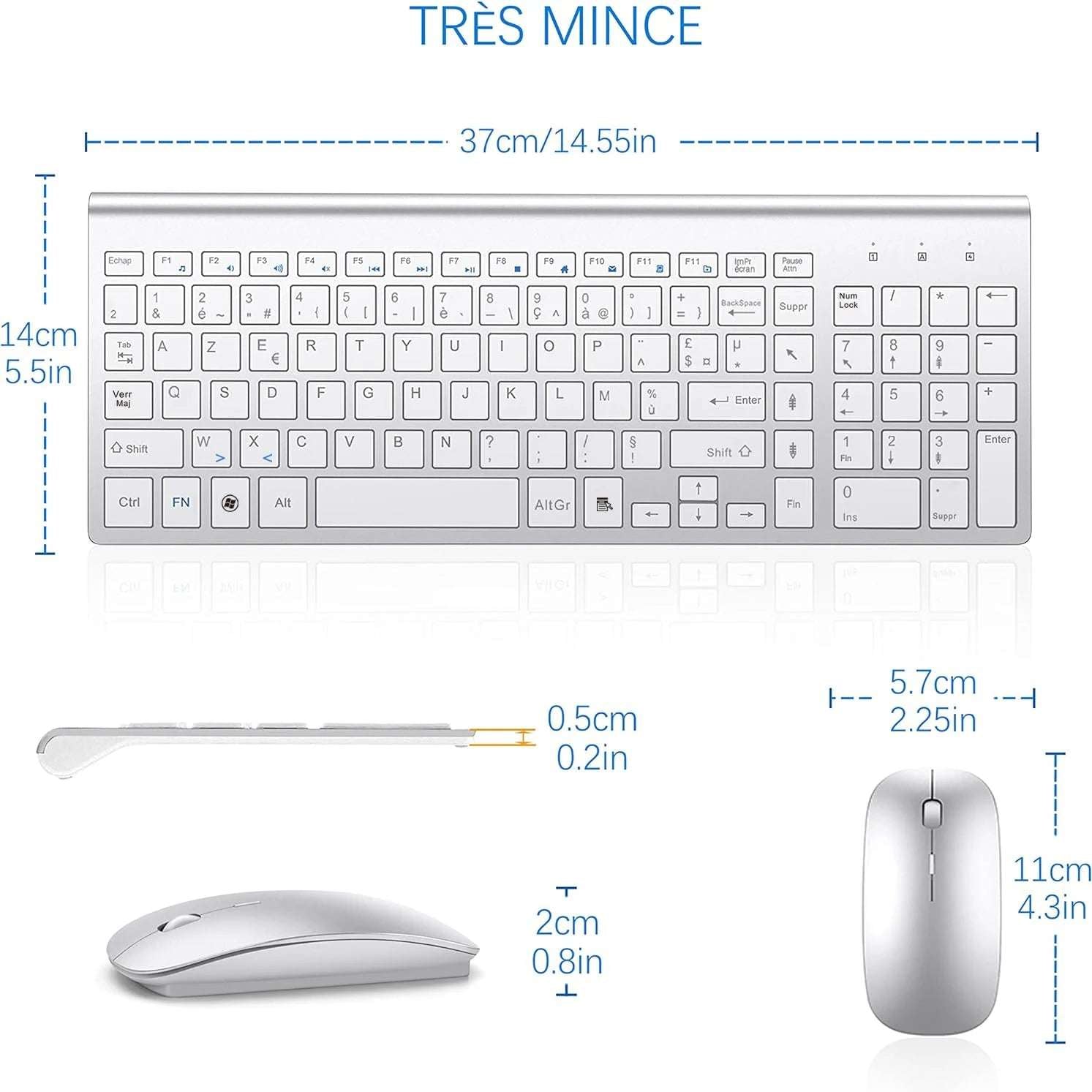 Clavier sans fil AZERTY 2,4 G ultra fin et silencieux à économie d'énergie pour ordinateur PC