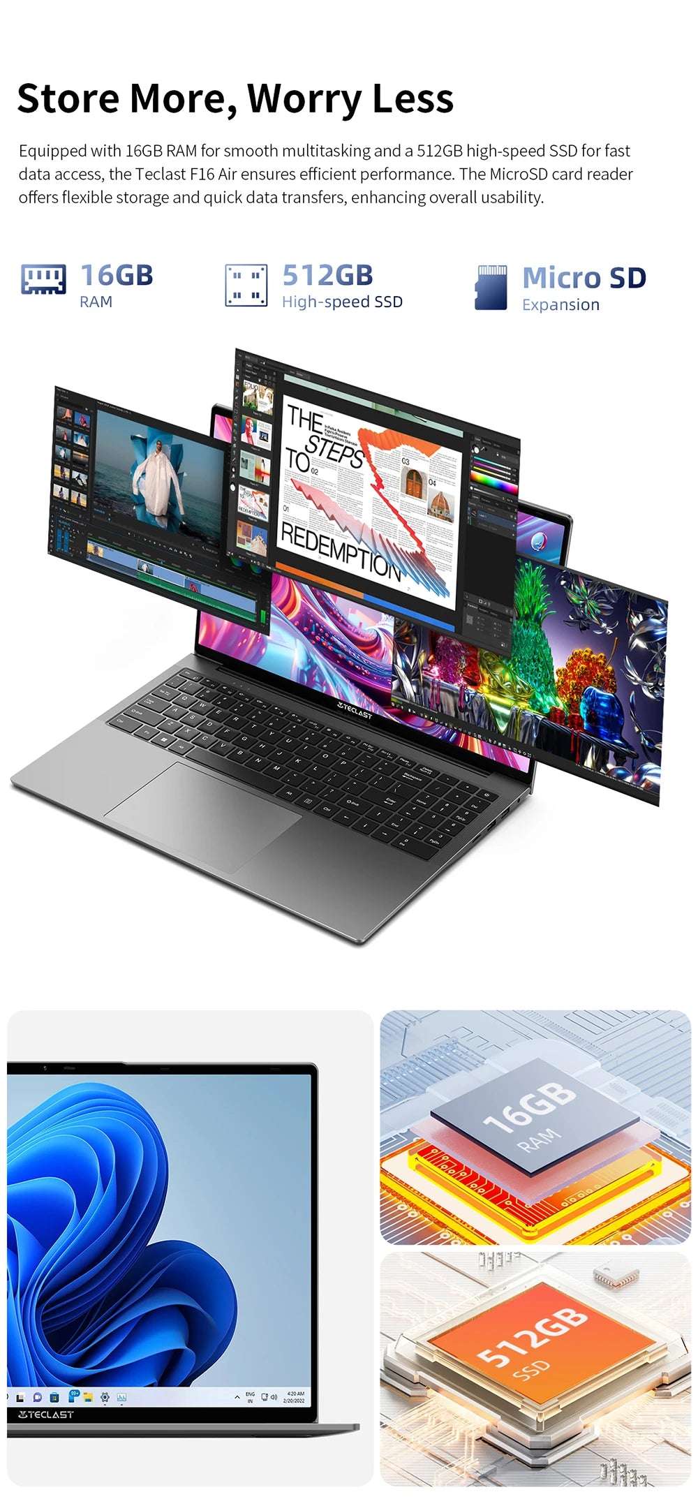 Teclast F16Air 16 inch 180° Flip Laptop 16GB RAM 512GB SSD Intel N95 CPU Windows 11 F16 Air Notebook mini-HDMI Backlit Keyboard