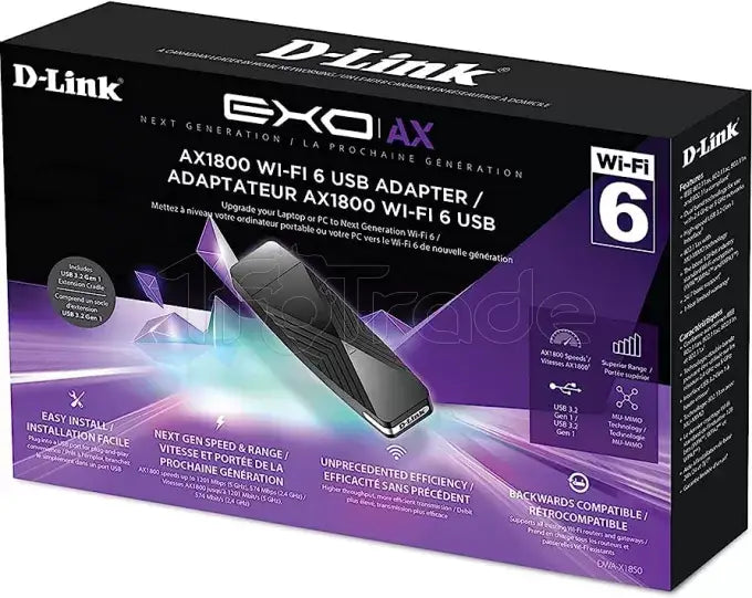 Carte réseau USB WiFi D-Link DWA-X1850 (AX1800) Vitesse Wi-Fi 1200 Mbps pour 5 GHz 574 Mbps pour 2.4 GHz Connectivité 802.11ax Wi-Fi 6