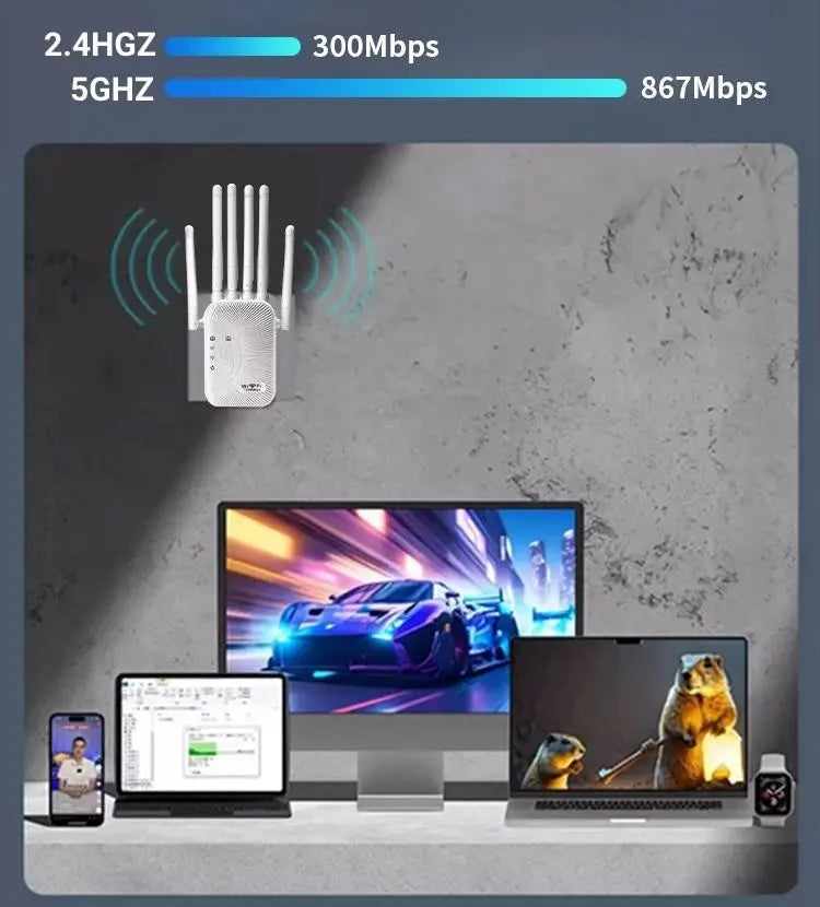 1200Mbps WiFi Répéteur Amplificateur Dual Band de Wifi 2.4G 5GHz Boosteur de signal pour la maison ou le bureau