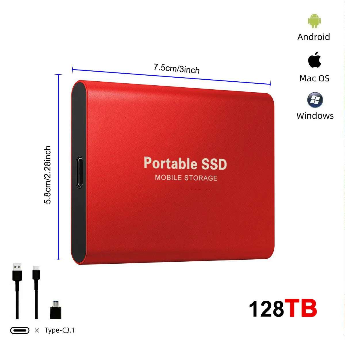 Disque Dur Externe Ultra Fin 128T, USB 3.0, Adapté pour PC,Mac, Jeu, Ordinateur Portable