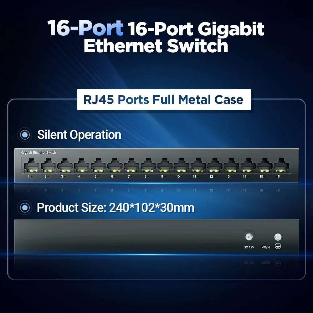 AMPCOM-Commutateur réseau 16 ports Ethernet, 1000Mbps Gigabit, haute performance, commutateur intelligent RJ45 Internet