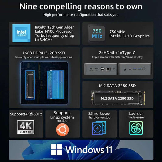 BMAX B4 Plus Mini PC Windows 11 PC Intel N100 16GB 512GB SSD 2 HDMI 1 Type-C 4K @ 60Hz 750MHz Intel UHD Graphics