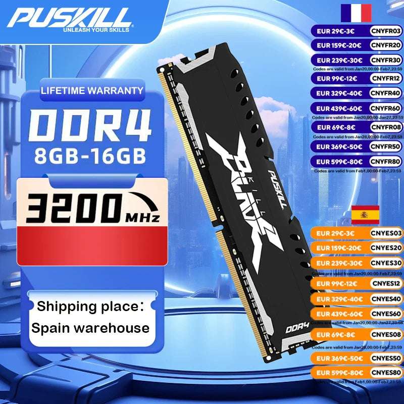 PUSKILL-Mémoire de serveur d'ordinateur de bureau, DDR4, 8 Go 16 Go, fréquence 1.2/3200mhz, ram 288 broches, udimm